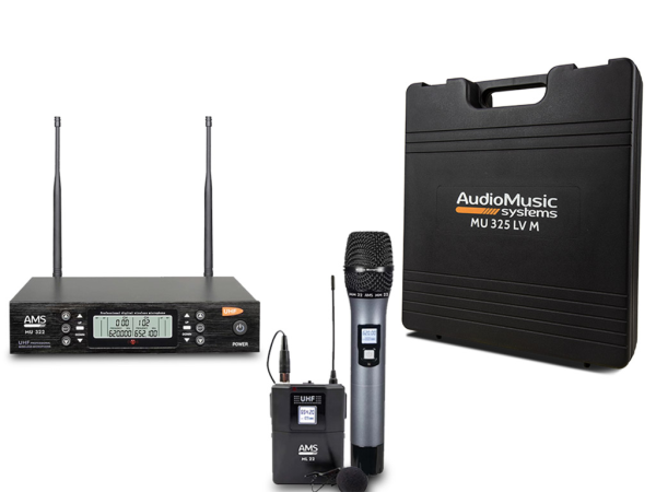 Sistema inalámbrico UHF. 200 canales. 1 petaca + 1 micro lavalier + micro de mano. AMS MU 325 lv mm