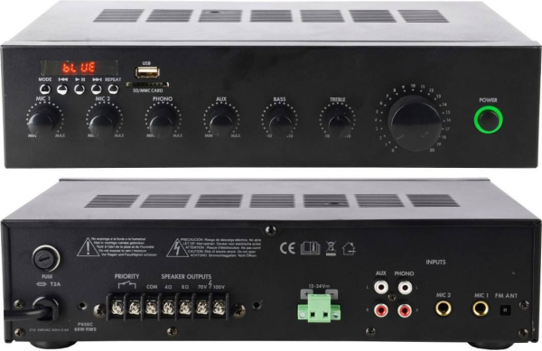Amplificador de audio 60w, instalación, 70/100v, 4-8ohm, aux, usb, bt, phono. KUNNEN PA60 MBT