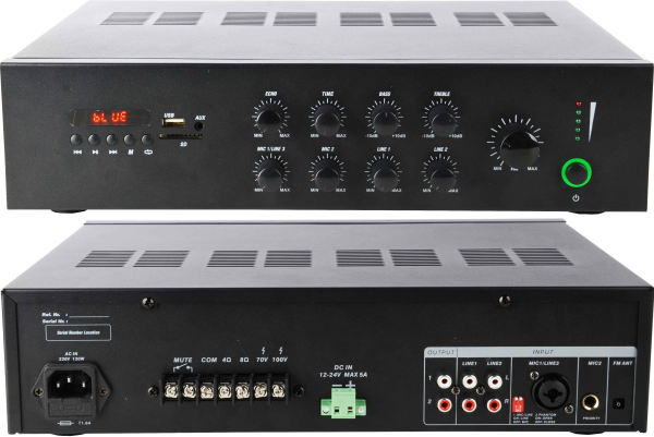 Amplificador de audio 120w, instalación, 70/100v, 4-8ohm, aux, usb, bt, line out. KUNNEN HY1120MBT