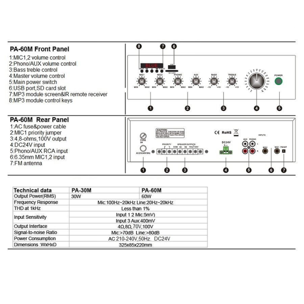 Amplificador de audio 60w, instalación, 70/100v, 4-8ohm, aux, usb, bt, phono. KUNNEN PA60 MBT