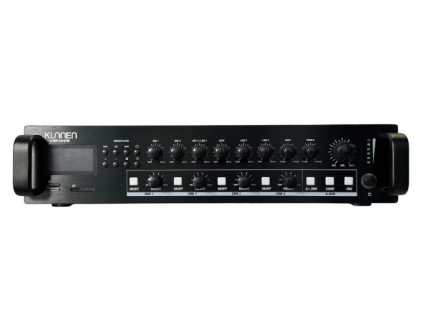 Amplificador de audio, 70/100v, 8 Ohm, instalación, BT, USB 360w, 4 zonas, KUNNEN HY 7360 MBT
