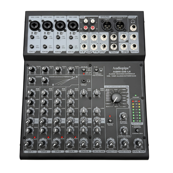 Consola Mezcladora  de 8 Canales con DSP, USB interface. Audiopipe AQM-D8-UI